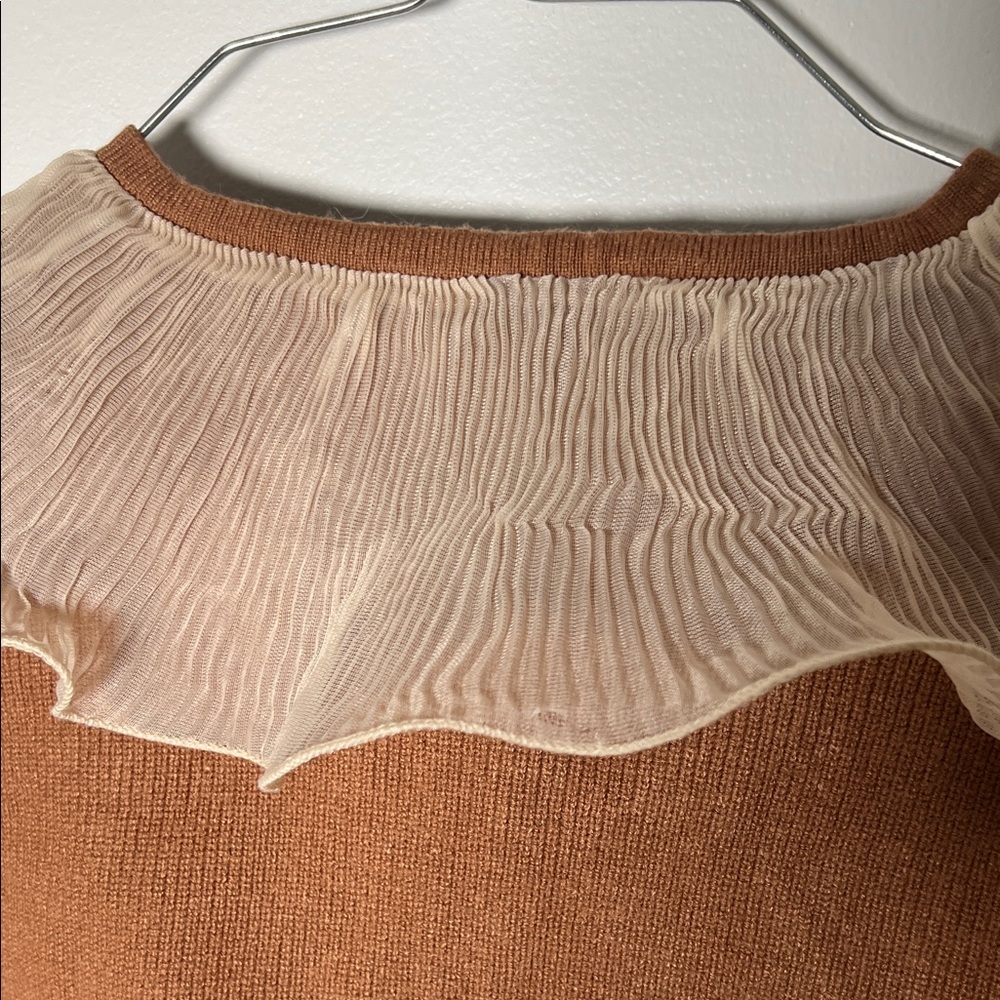 Zara Rust Brown Knit Top with Cream Ruffle Collar - Picture 7 of 7
